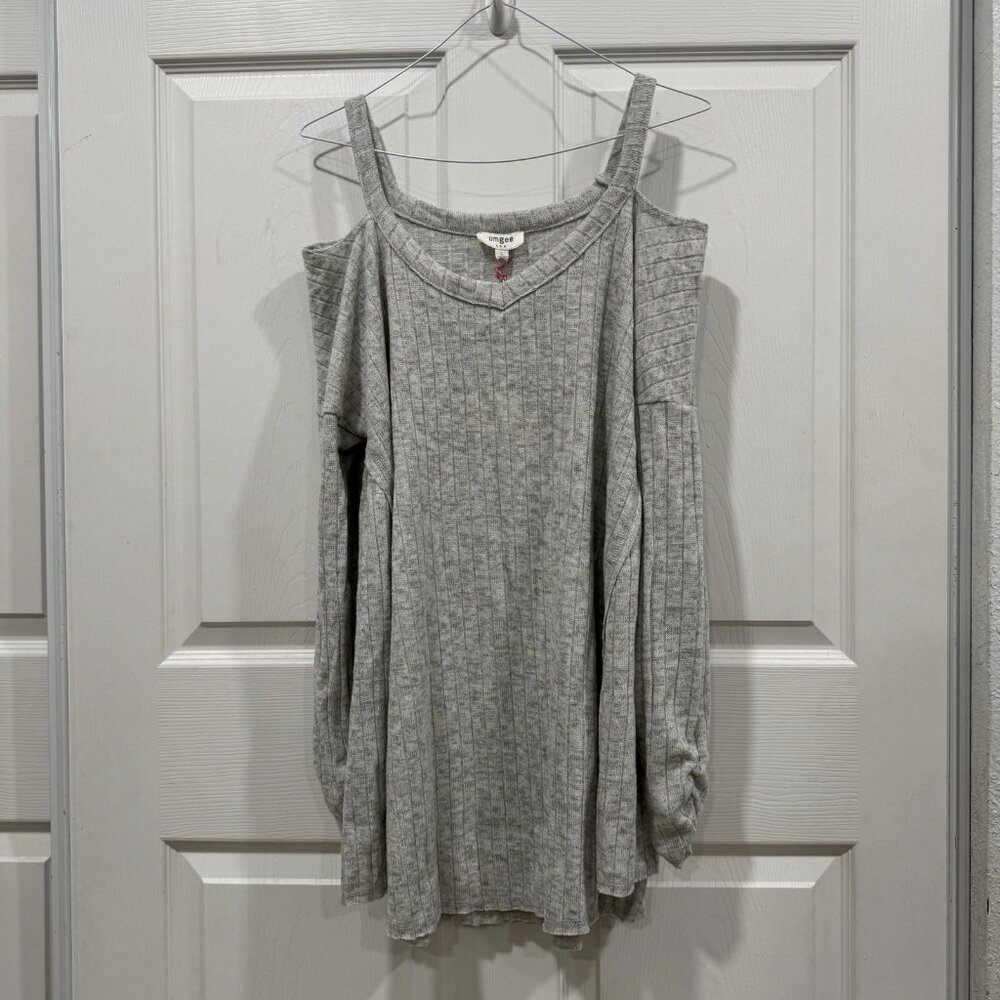 Umgee Sweater Womens Cold Shoulder Ribbed Knit High Low Hem Relax Gray L - Picture 3 of 11